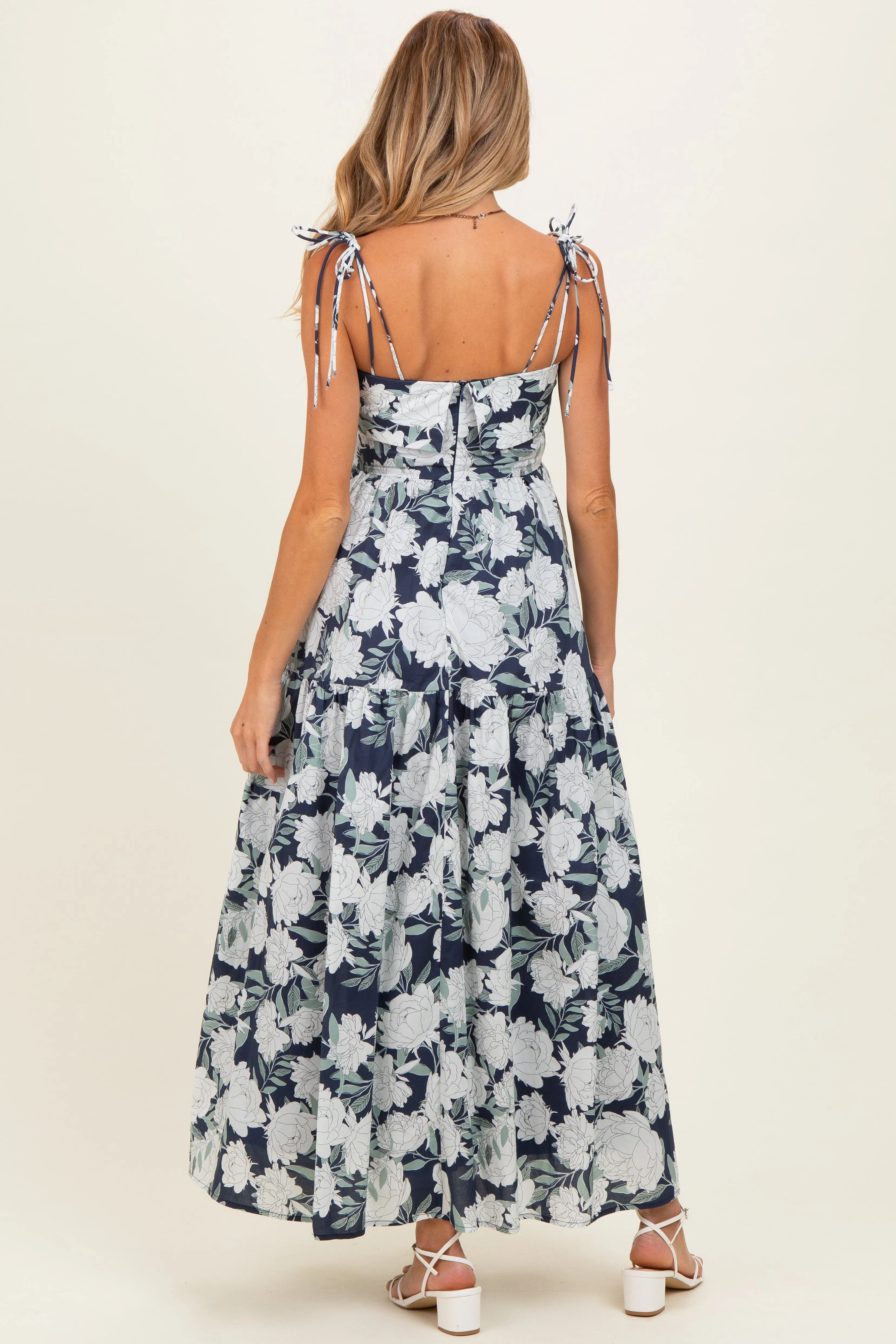 Navy Floral Shoulder Tie Tiered Maternity Maxi Dress sold by Pinkblush product image thumbnail 3