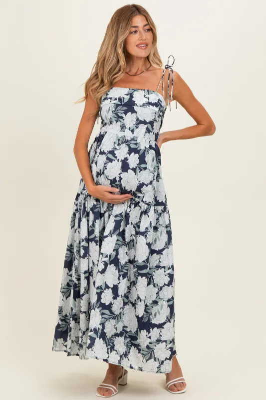 Navy Floral Shoulder Tie Tiered Maternity Maxi Dress made by MABLE
