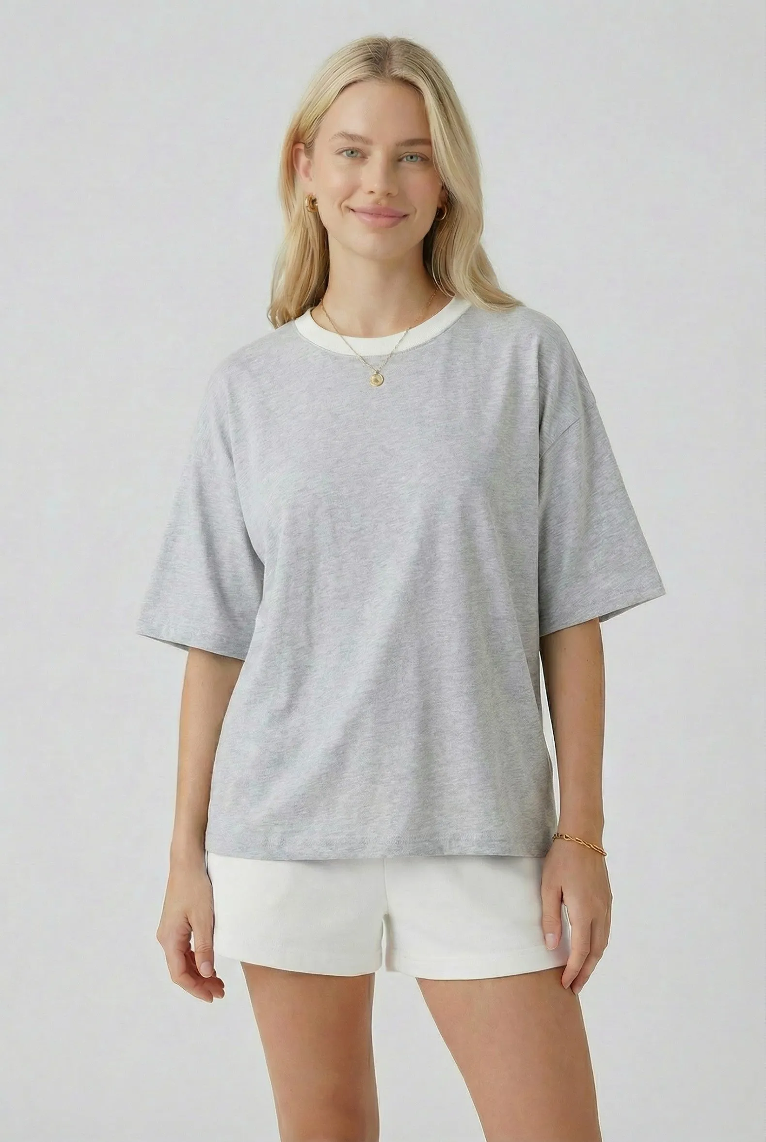 Heather Grey Relaxed Fit Contrast Neckline Tee sold by Pinkblush