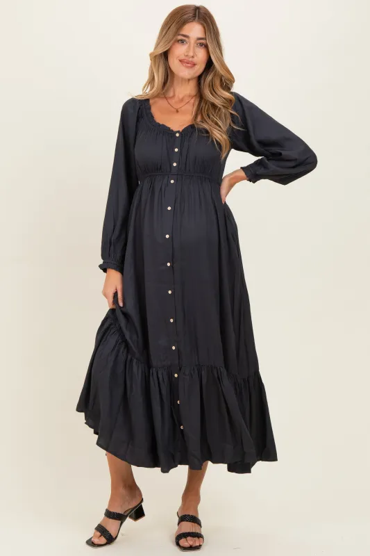 Navy Off Shoulder Button Accent Maternity Maxi Dress made by Pinkblush
