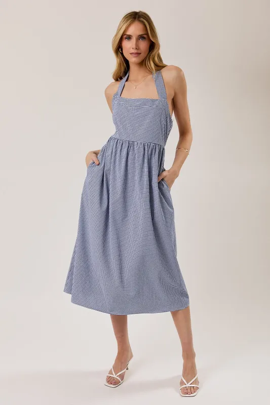 Navy Gingham Halter Neck Midi Dress made by Gilli