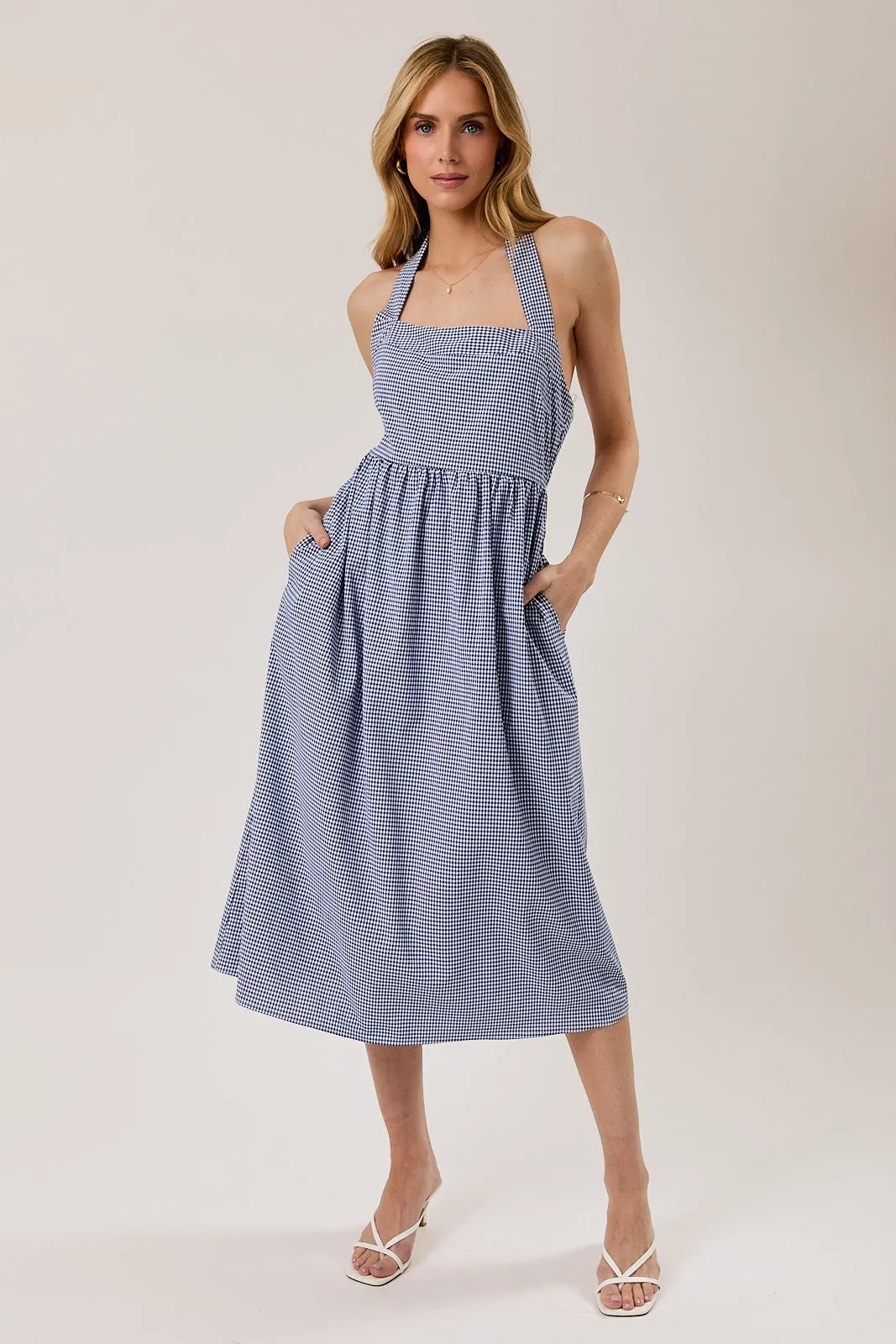 Navy Gingham Halter Neck Midi Dress sold by Pinkblush