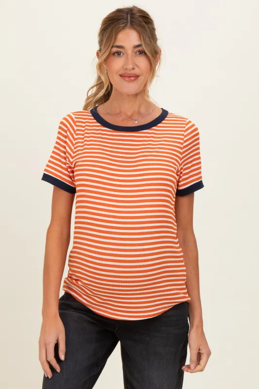 Orange Striped Short Sleeve Maternity Top made by Staccato
