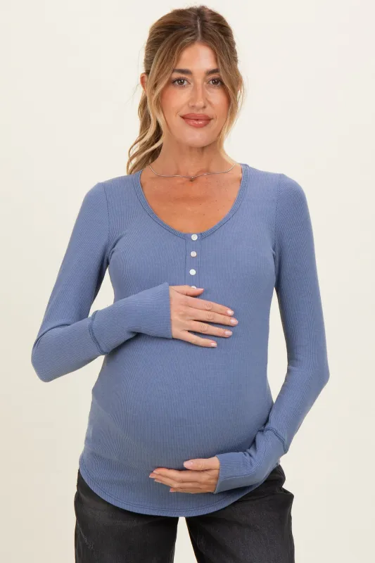 Denim Blue Ribbed Henley Maternity Top made by Pinkblush