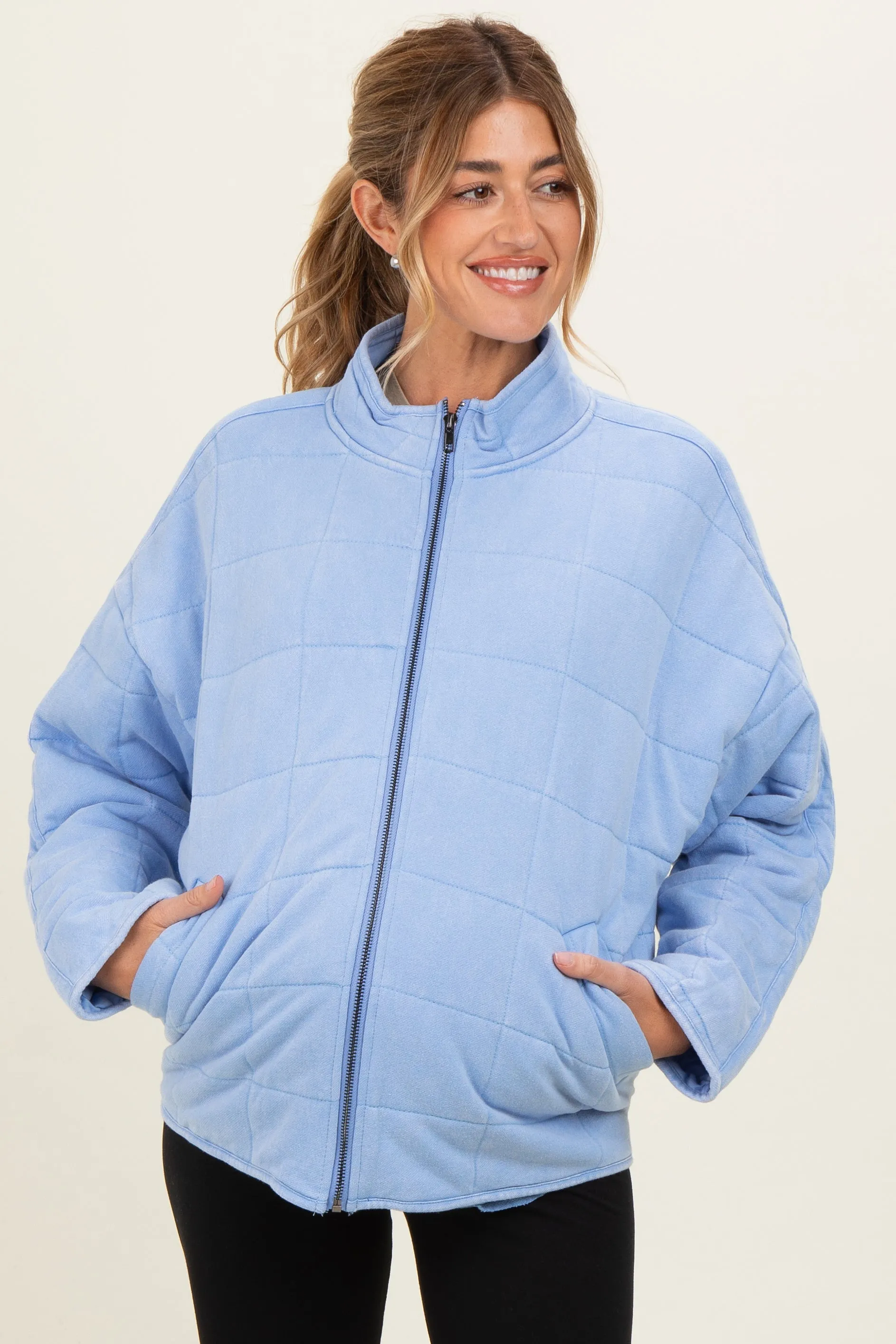 Sky Blue Oversized Quilted Maternity Jacket sold by Pinkblush