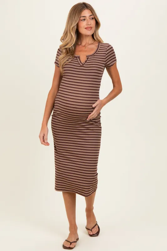 Dark Brown Striped Henley Maternity Midi Dress made by Pinkblush