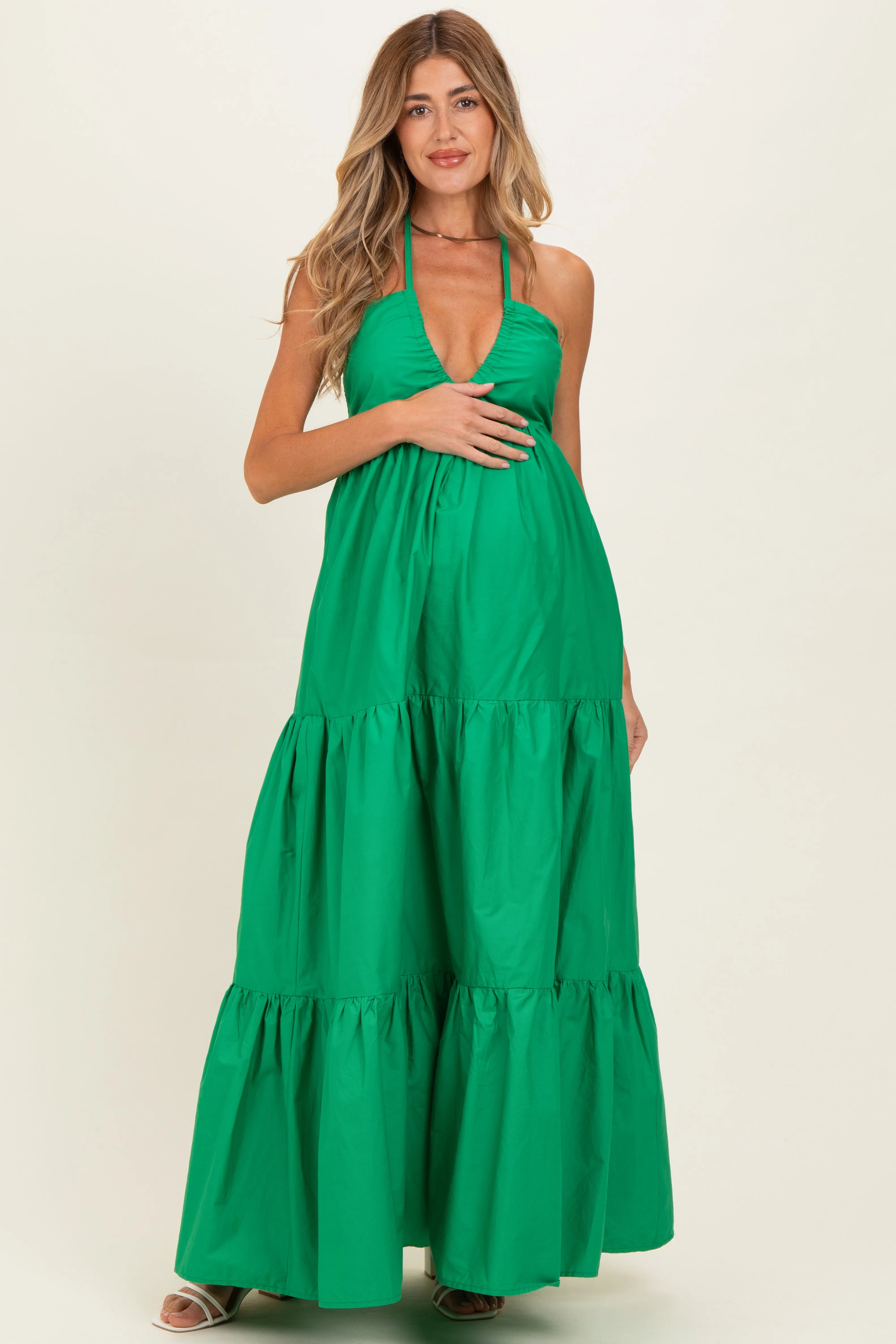 Green Cutout Halter Neck Maternity Maxi Dress sold by Pinkblush