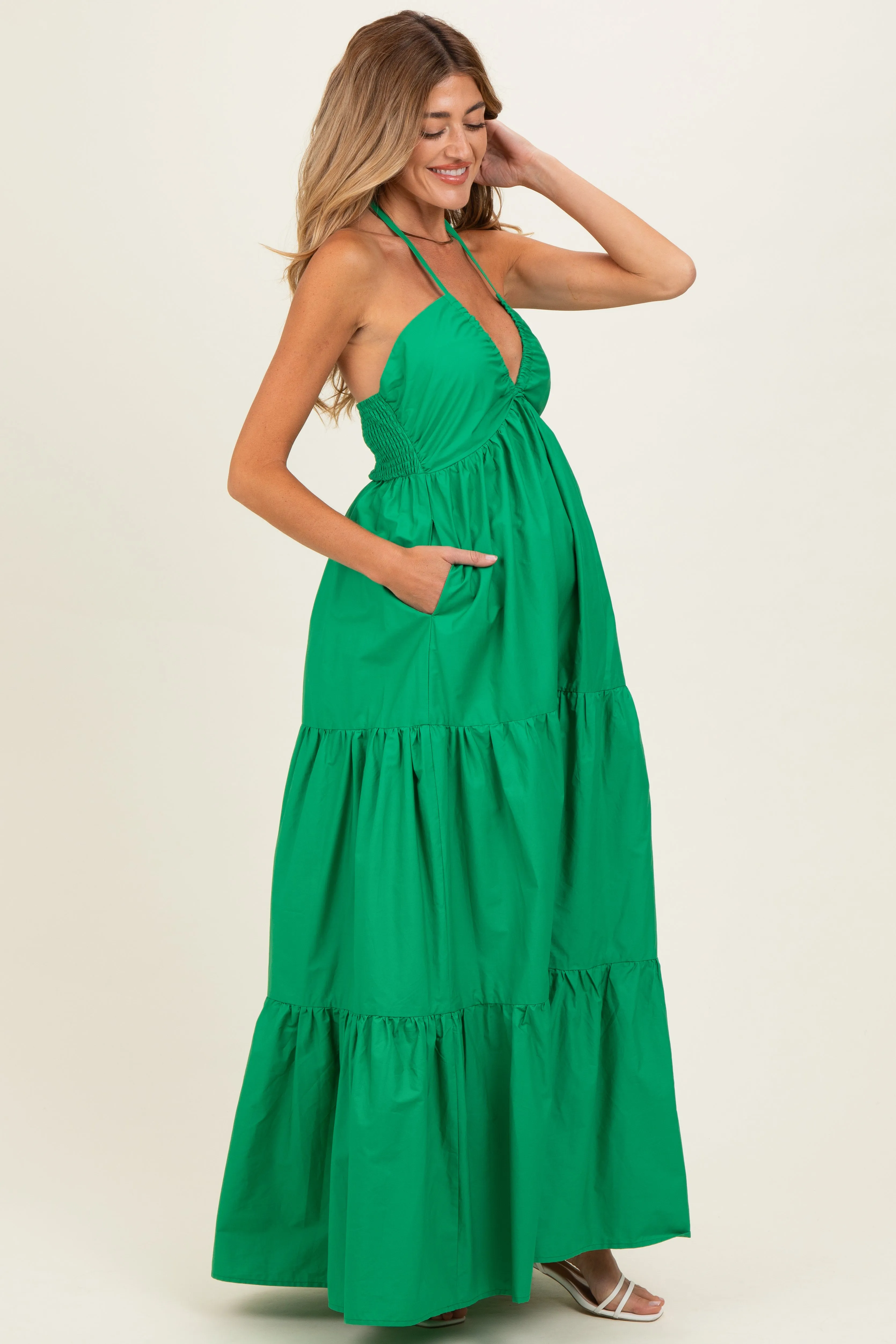 Green Cutout Halter Neck Maternity Maxi Dress sold by Pinkblush product image thumbnail 2