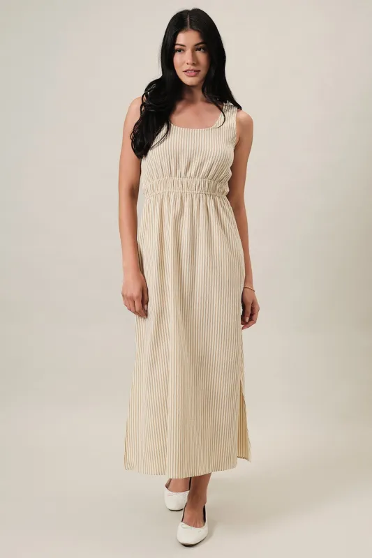 Beige Striped Sleeveless Cutout Maxi Dress made by Gilli