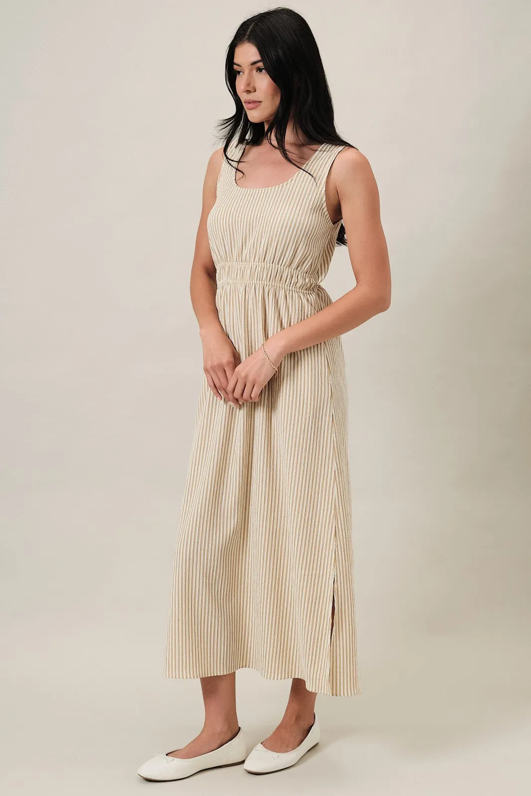 Beige Striped Sleeveless Cutout Maxi Dress sold by Pinkblush product image thumbnail 2