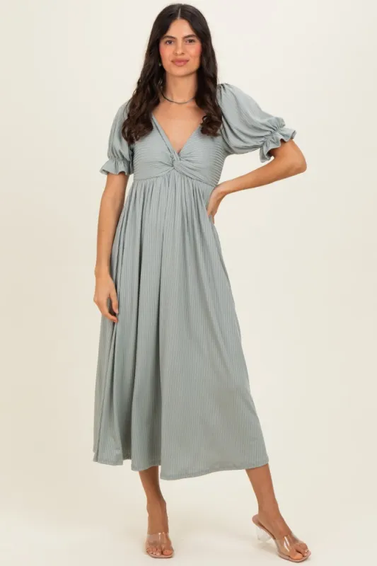 Green Ribbed Short Sleeve Empire Waist V-Neck Maxi Dress made by Pinkblush