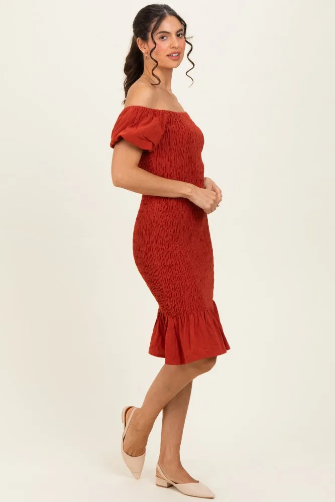 Rust Smocked Off Shoulder Ruffle Hem Dress sold by Pinkblush product image thumbnail 3