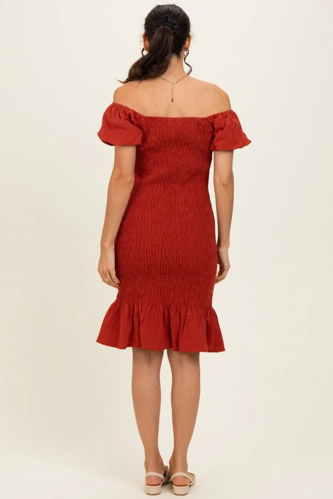 Rust Smocked Off Shoulder Ruffle Hem Dress sold by Pinkblush product image thumbnail 4
