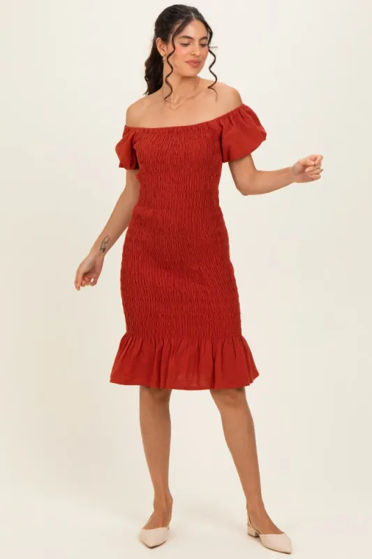 Rust Smocked Off Shoulder Ruffle Hem Dress made by Hello MIZ