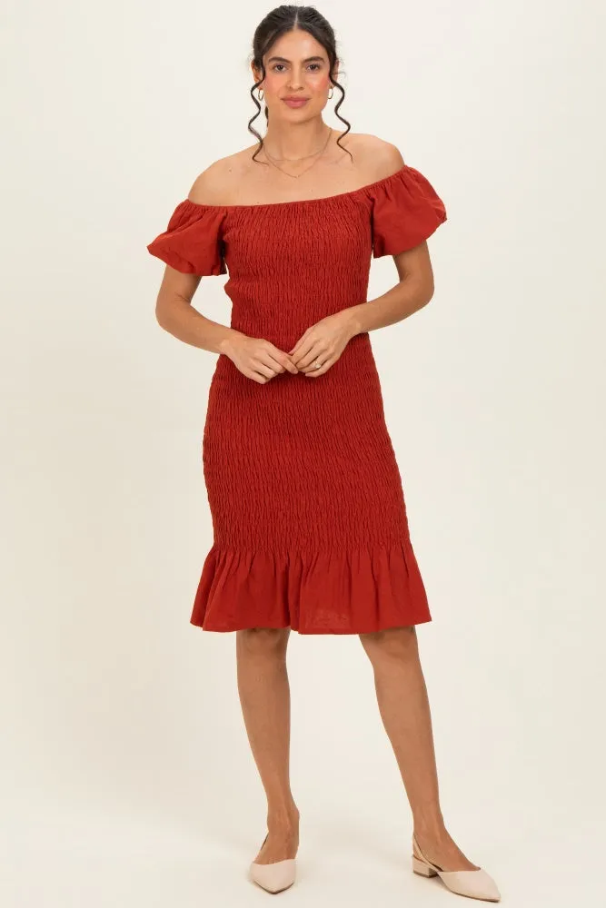 Rust Smocked Off Shoulder Ruffle Hem Dress sold by Pinkblush product image thumbnail 2