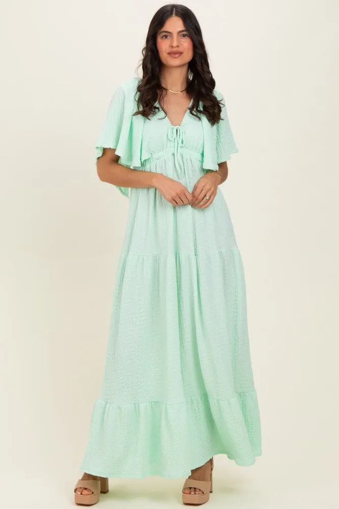Sage Woven Textured Flutter Sleeve V-Neck Tiered Maxi Dress sold by Pinkblush