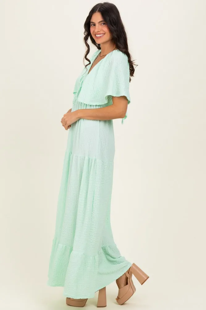 Sage Woven Textured Flutter Sleeve V-Neck Tiered Maxi Dress sold by Pinkblush product image thumbnail 2