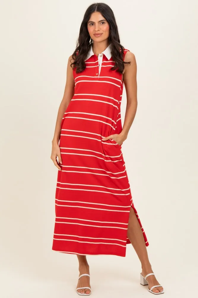 Red Striped Sleeveless Collared Midi Dress sold by Pinkblush