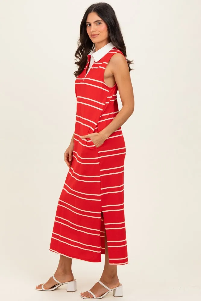 Red Striped Sleeveless Collared Midi Dress sold by Pinkblush product image thumbnail 2