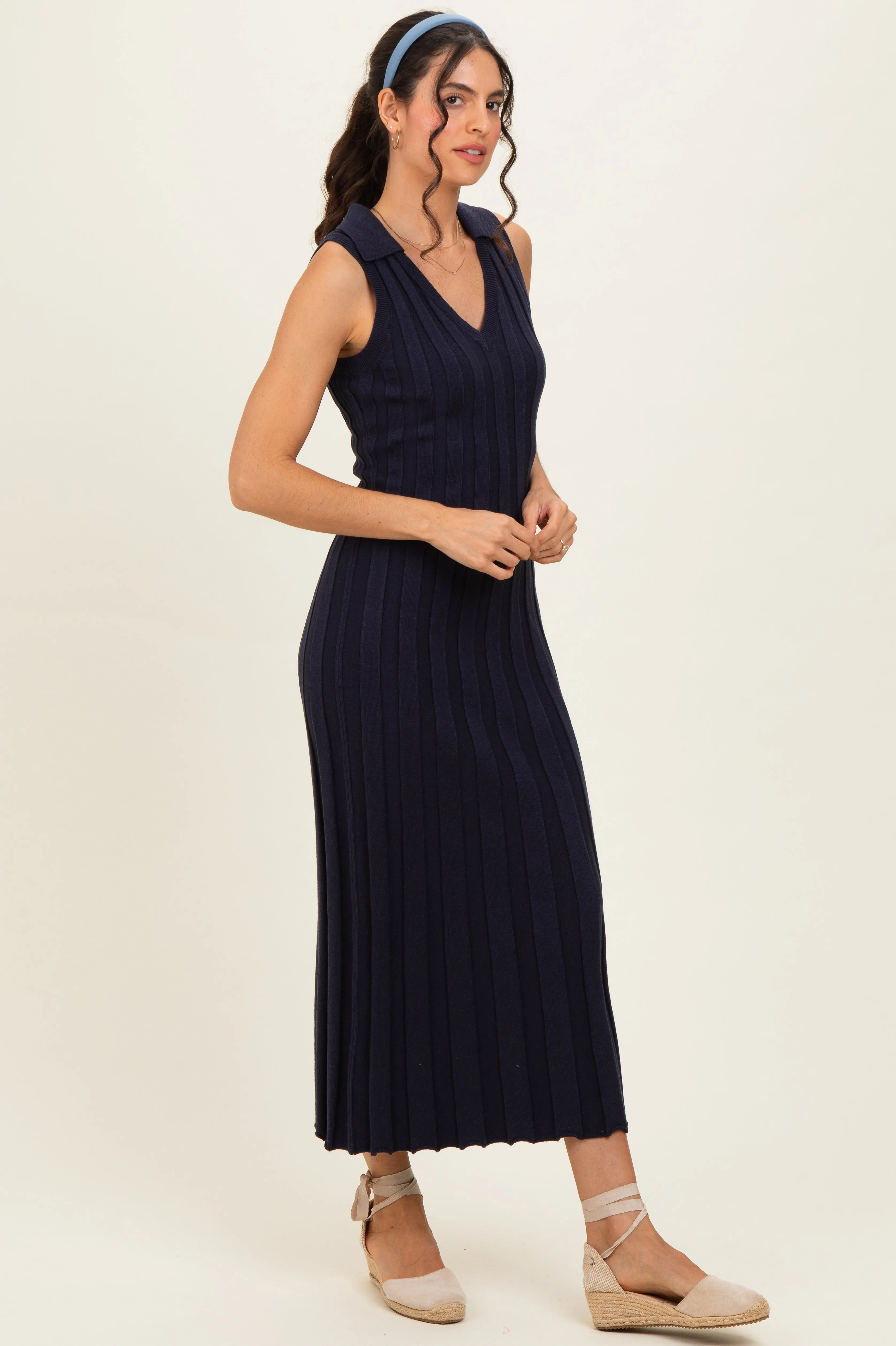 Navy Knit Collared Sleeveless Maxi Dress sold by Pinkblush product image thumbnail 2