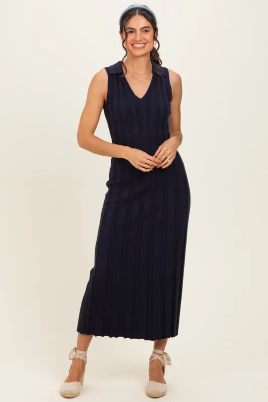 Navy Knit Collared Sleeveless Maxi Dress made by Able