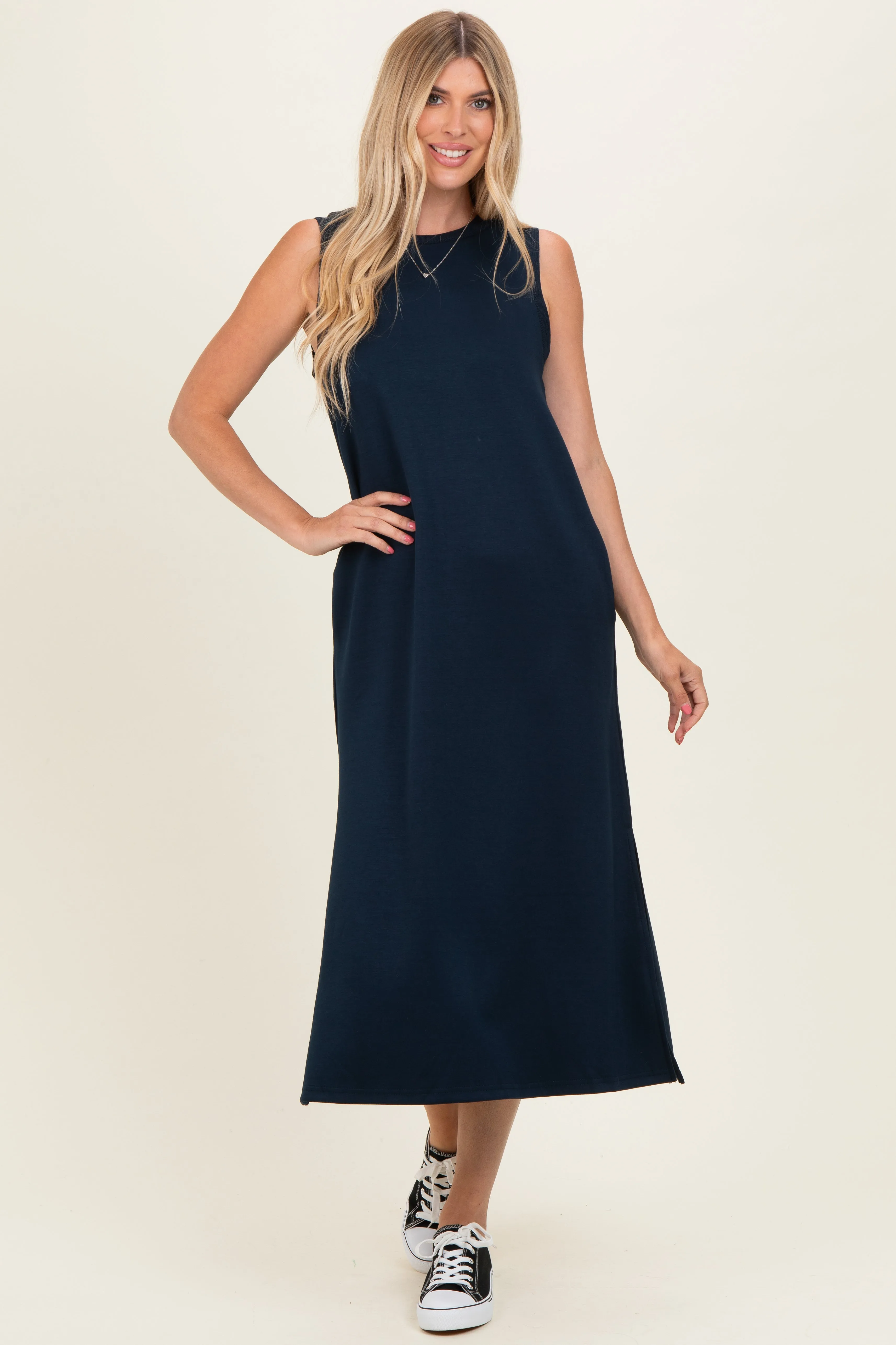 Navy Sleeveless Midi Dress sold by Pinkblush