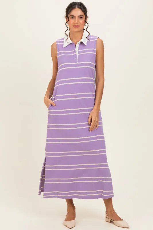 Lavender Striped Sleeveless Collared Midi Dress made by entro