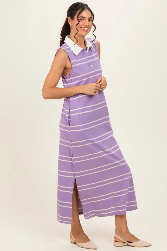 Lavender Striped Sleeveless Collared Midi Dress sold by Pinkblush product image thumbnail 2