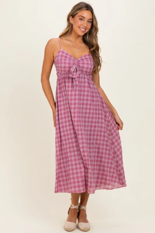 Pink Plaid Front Tie Sleeveless Maxi Dress made by En Creme
