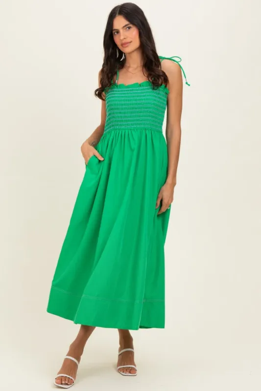 Green Smocked Shoulder Tie Midi Dress made by entro