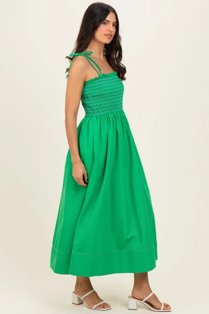 Green Smocked Shoulder Tie Midi Dress sold by Pinkblush product image thumbnail 2