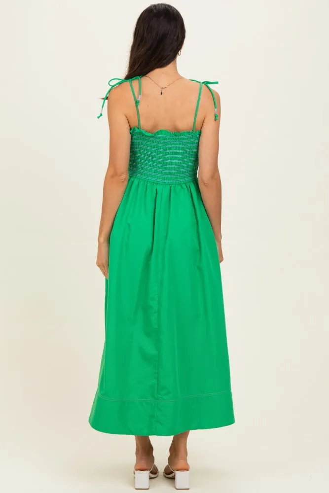 Green Smocked Shoulder Tie Midi Dress sold by Pinkblush product image thumbnail 3