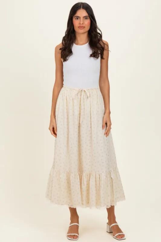 Light Yellow Print Lace Trim Midi Skirt made by BaeVely