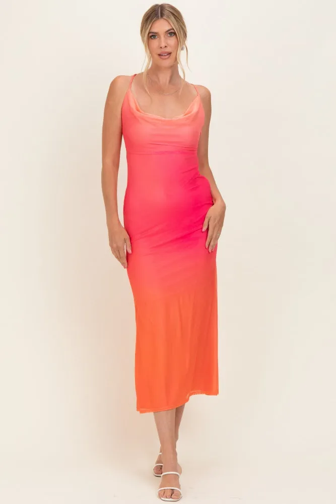 Ombre Coral Mesh Draped Neck Maxi Dress sold by Pinkblush product image thumbnail 2