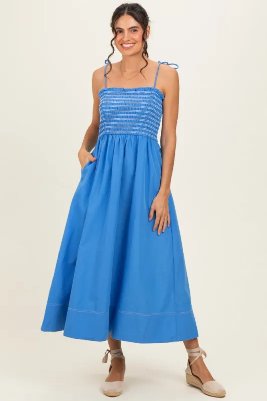 Blue Smocked Shoulder Tie Midi Dress made by entro