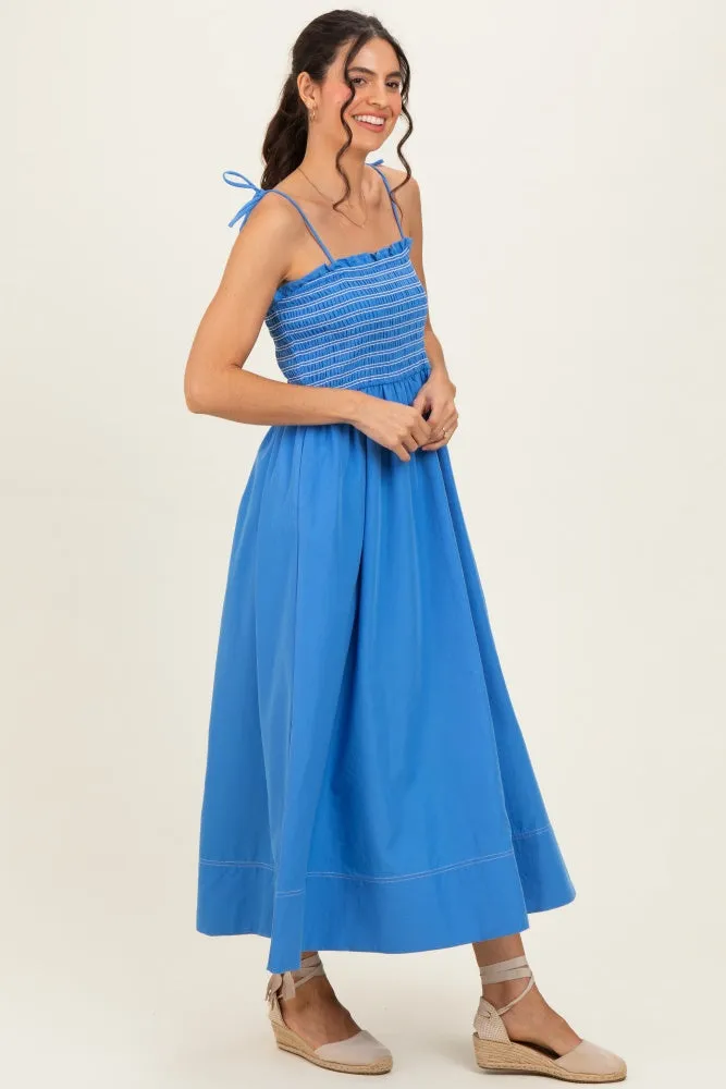 Blue Smocked Shoulder Tie Midi Dress sold by Pinkblush product image thumbnail 2