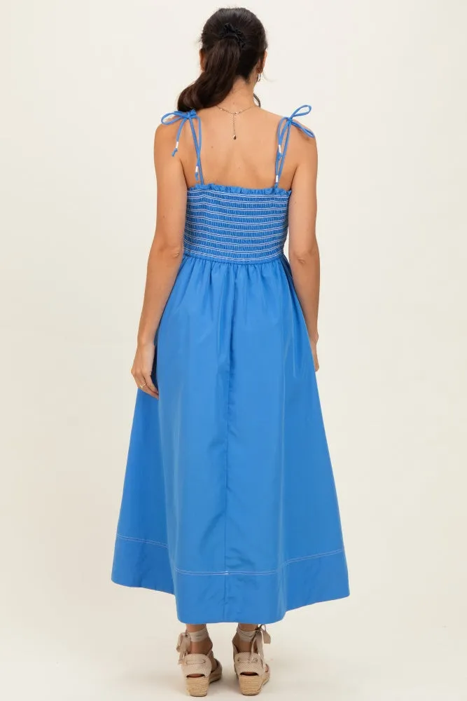 Blue Smocked Shoulder Tie Midi Dress sold by Pinkblush product image thumbnail 3