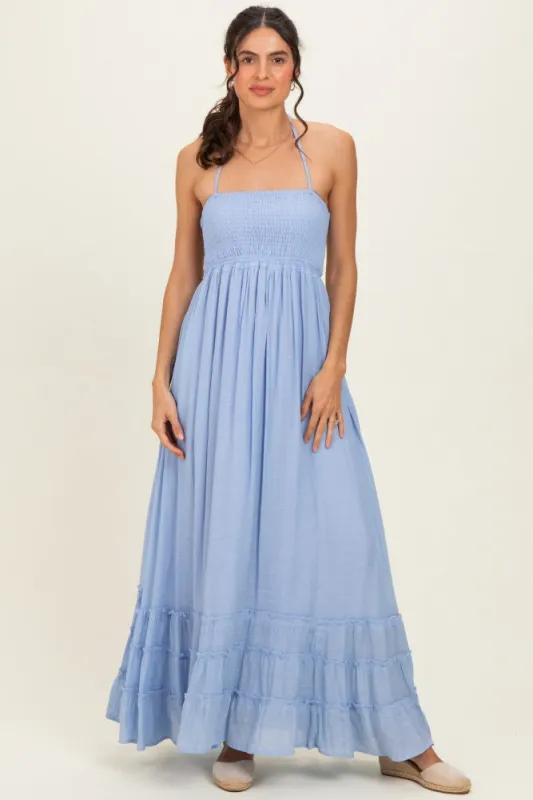Powder Blue Smocked Halter Open Back Maxi Dress made by HYFVE