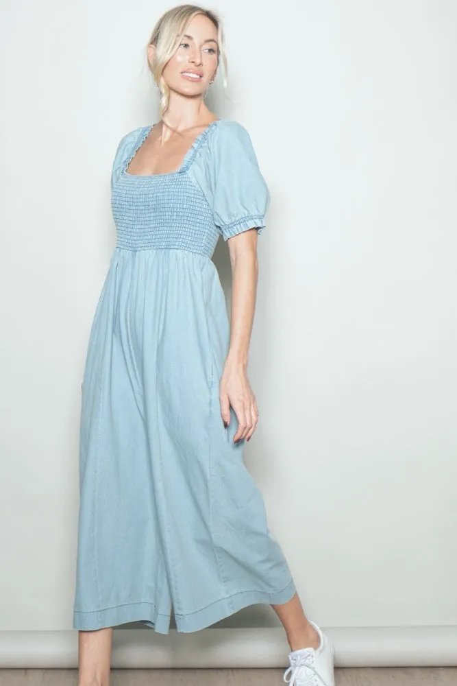 Light Blue Chambray Puff Sleeve Wide Leg Jumpsuit sold by Pinkblush product image thumbnail 3