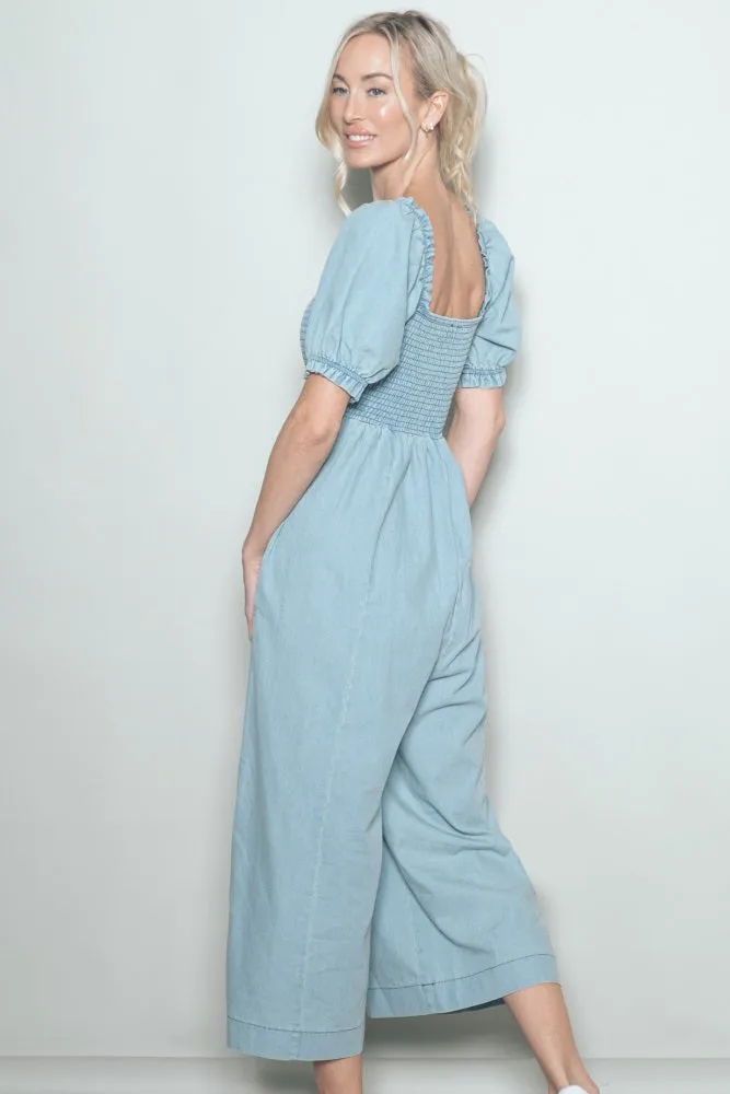 Light Blue Chambray Puff Sleeve Wide Leg Jumpsuit sold by Pinkblush product image thumbnail 4