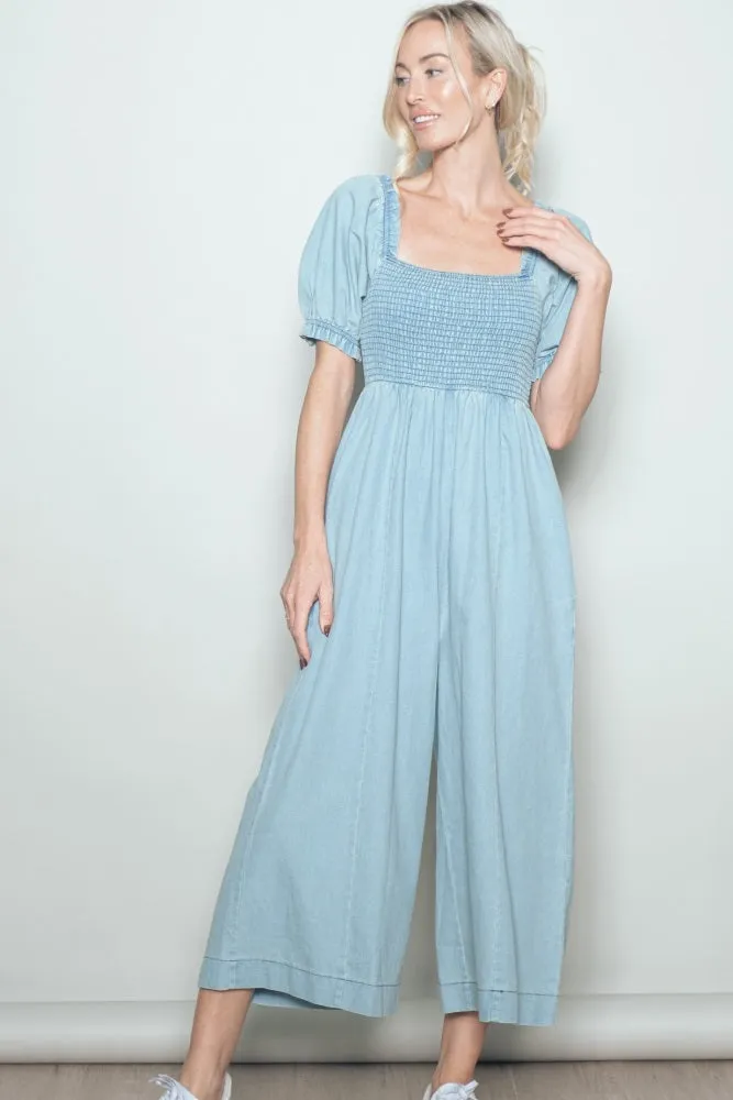 Light Blue Chambray Puff Sleeve Wide Leg Jumpsuit sold by Pinkblush