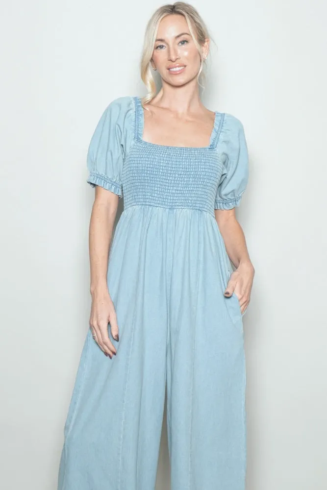 Light Blue Chambray Puff Sleeve Wide Leg Jumpsuit sold by Pinkblush product image thumbnail 5