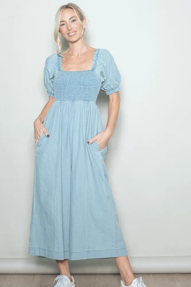 Light Blue Chambray Puff Sleeve Wide Leg Jumpsuit sold by Pinkblush product image thumbnail 2
