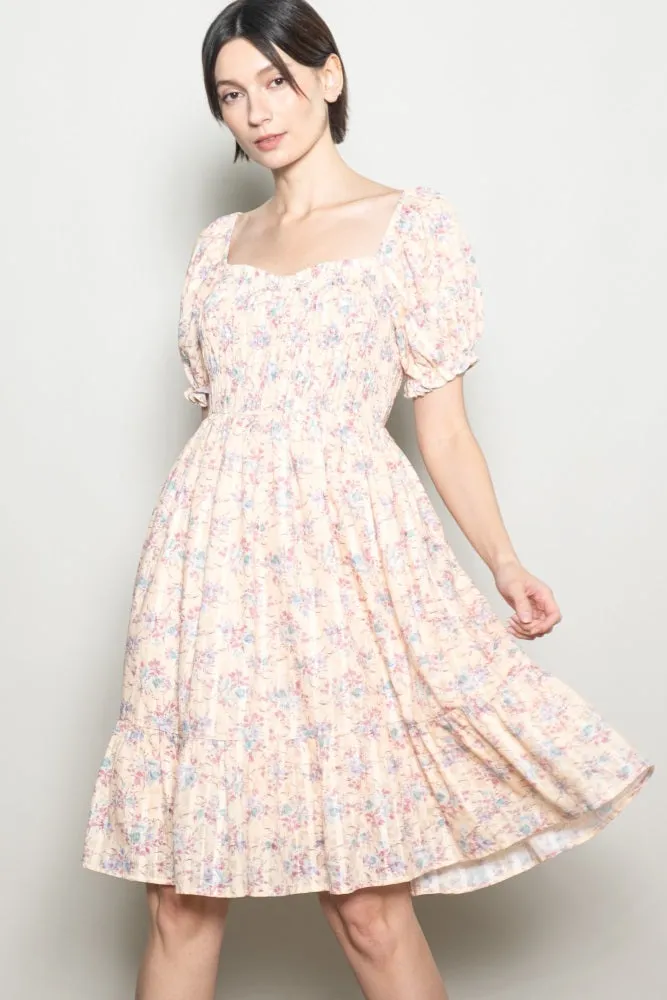 Peach Floral Sweetheart Neck Smocked Midi Dress sold by Pinkblush