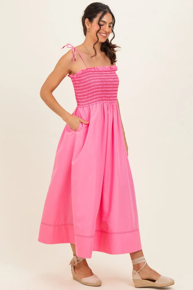 Pink Smocked Shoulder Tie Midi Dress sold by Pinkblush product image thumbnail 3