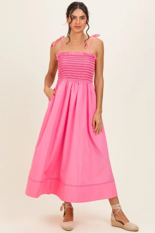 Pink Smocked Shoulder Tie Midi Dress made by entro