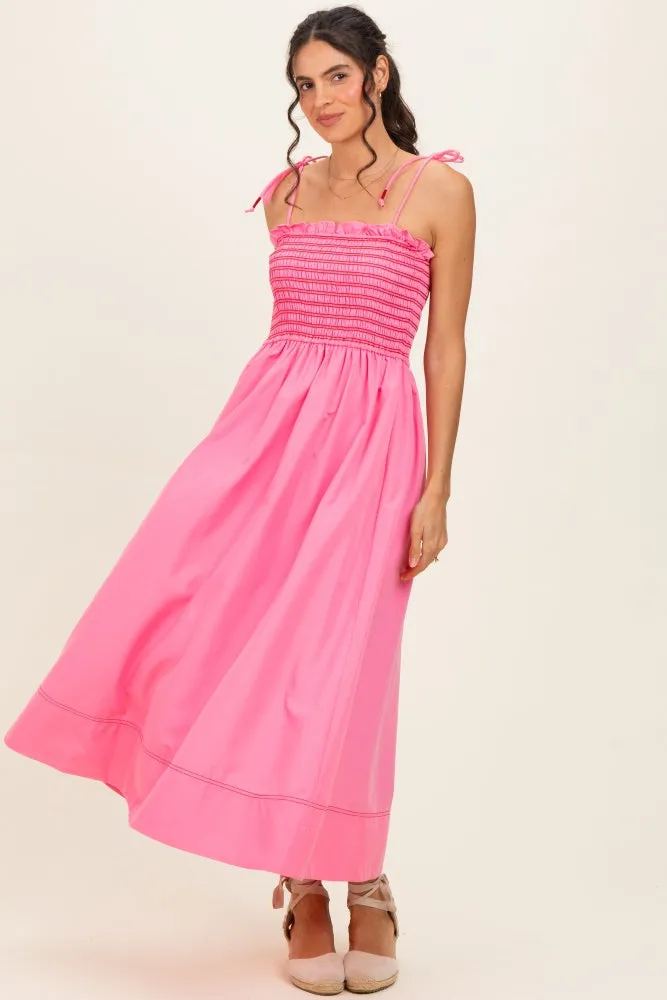 Pink Smocked Shoulder Tie Midi Dress sold by Pinkblush product image thumbnail 2