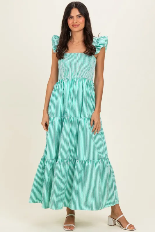 Green Striped Ruffle Strap Smocked Maxi Dress made by She and Sky