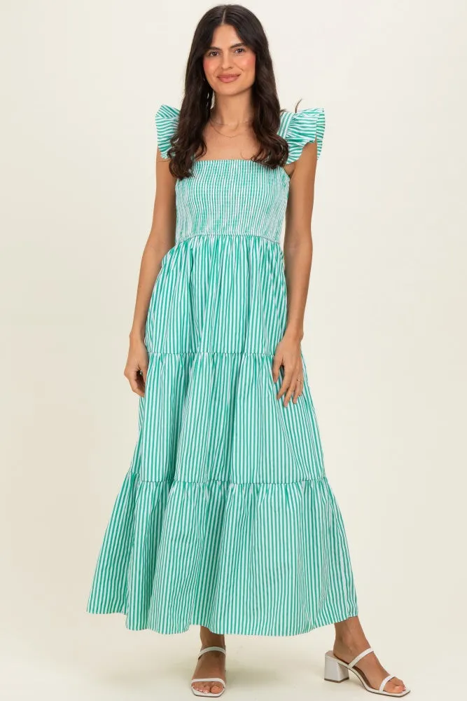 Green Striped Ruffle Strap Smocked Maxi Dress sold by Pinkblush