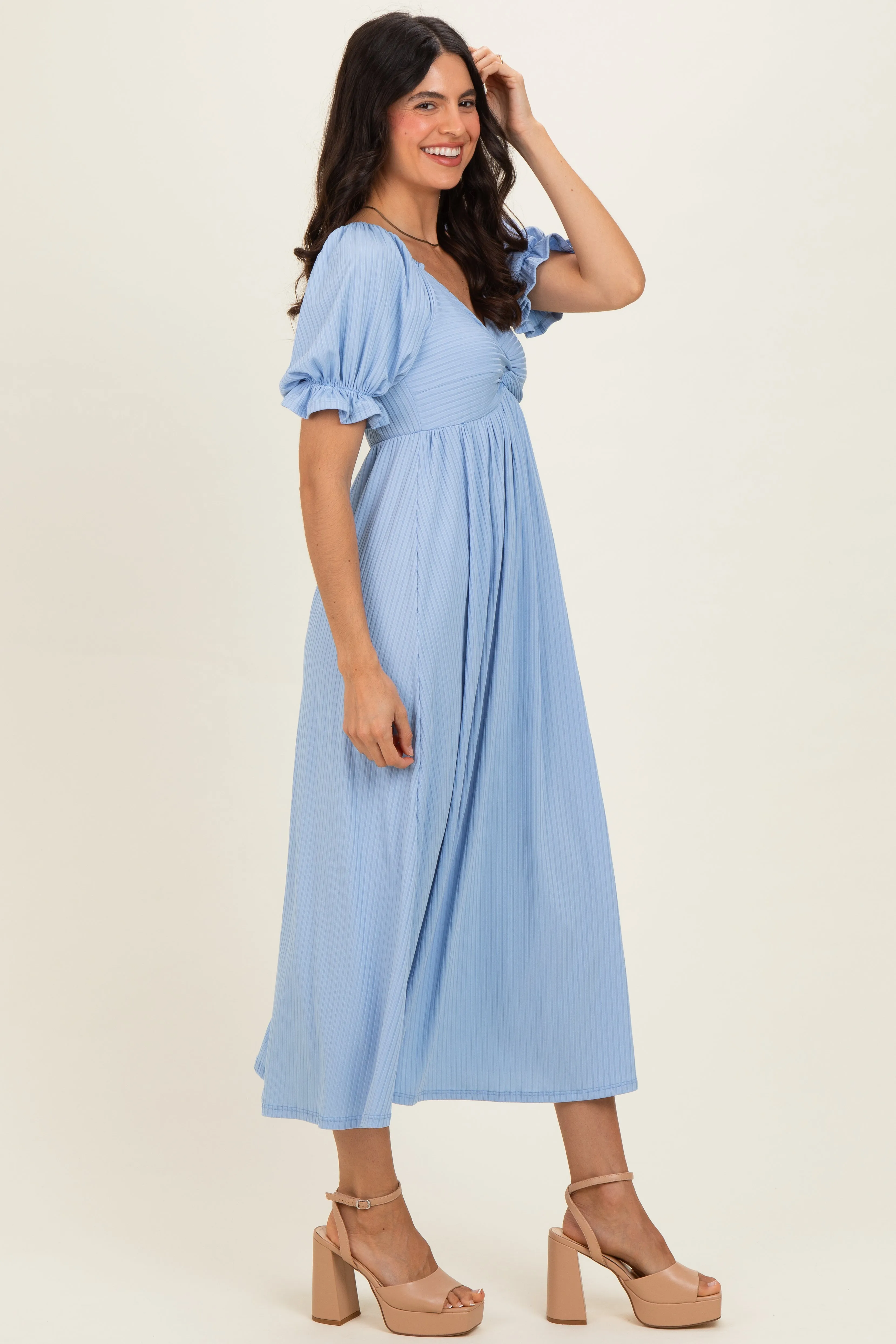 Light Blue Ribbed Short Sleeve Empire Waist V-Neck Maxi Dress sold by Pinkblush product image thumbnail 2